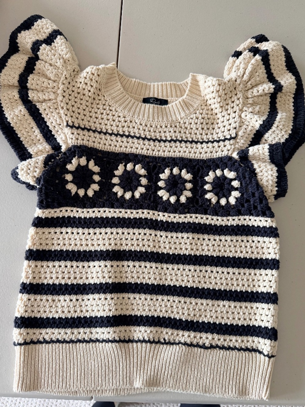 Rails Penelope Crochet Flutter Sleeve Sweater Oatmeal Navy XS